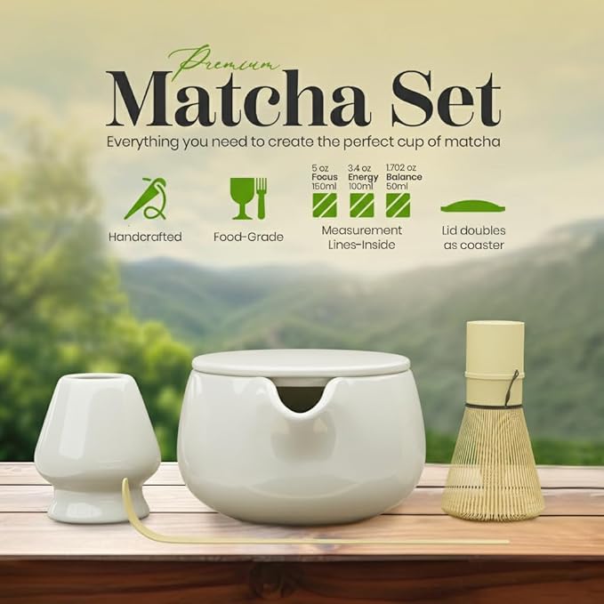 NEXTLUXE Matcha Whisk Set – Traditional Bamboo Chasen with Ceramic Bowl, Measurement Lines, Spoon & Lid – White
