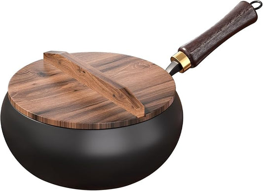 Pure Iron Wok, Uncoated Heats Evenly Multi-Purpose Frying Pan, Suitable for Any Stove, Oven or Even Camping Campfire with Lid and Wooden Handle