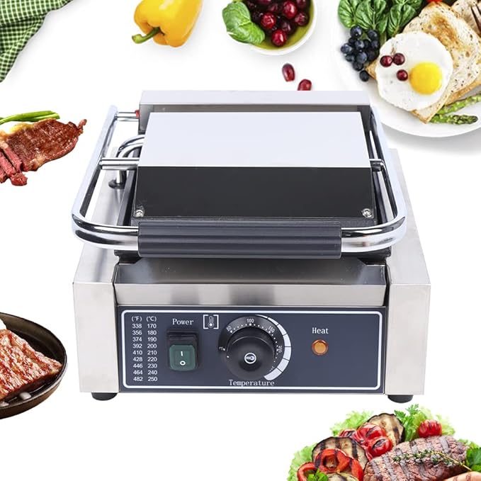 Grill Sandwich Maker, Panini Press Electric Contact Grill Single for Hamburgers Steaks Vegetables Breakfast Sandwiches, Single Smooth Top & Bottom 110V 1800W