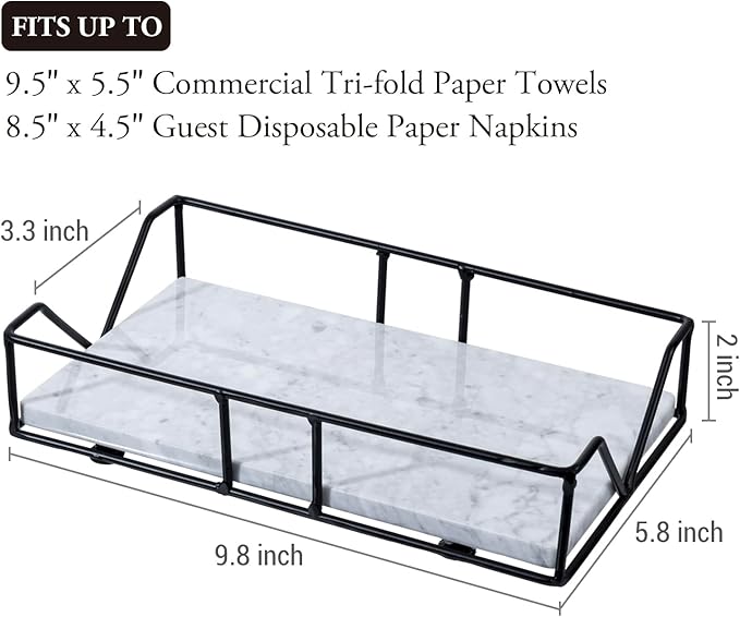 MyGift Modern Metal Wire Bathroom Paper Hand Towel Holder in Brass Tone Finish, Guest Bathroom Countertop Vanity Disposable Folded Trifold, C-fold, (White Marble)