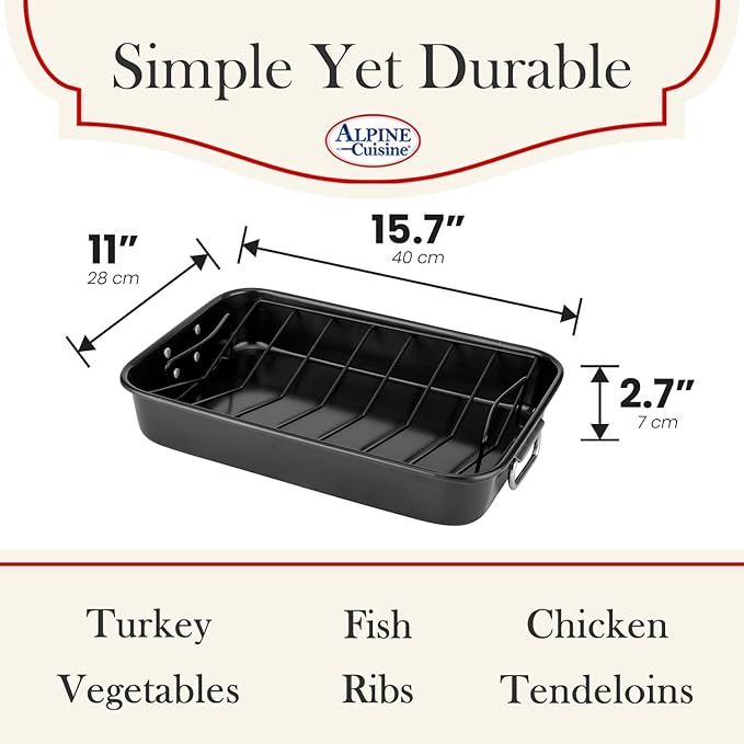Alpine Cuisine Turkey Roaster Pan with Rack 16-Inch - Nonstick Coating Carbon Steel Pan - Black & Heavy Duty Roasting Pan - Easy to Clean, Multipurpose Use - Durable & Dishwasher Safe