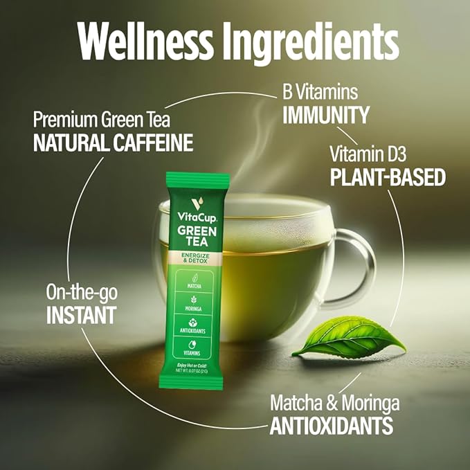VitaCup Green Tea Instant Packets, Enhance Energy & Detox with Matcha, Moringa, B Vitamins, D3, Fiber, Keto, Paleo, Vegan in Tea Powder Single Serving Sticks, 24 Ct