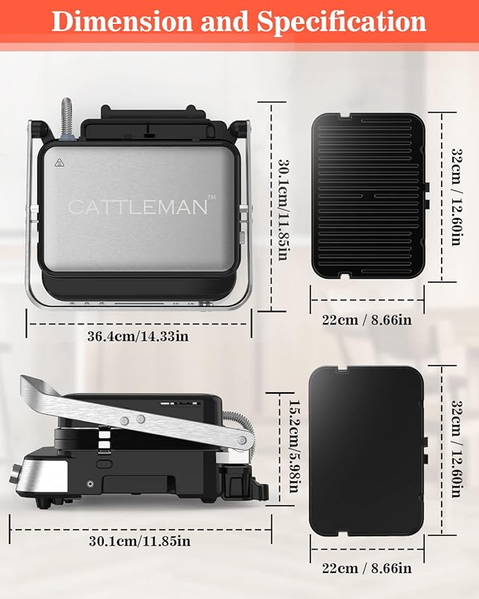 Panini Press Grill Sandwich Maker with Removable Plates, 5 in 1 Smokeless Indoor Grill & Griddle with Meat Thermometer, CATTLEMAN CUISINE Electric Contact Grills for Kitchen, Stainless Steel, 1600W