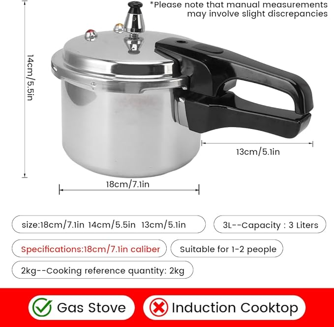 Aluminum Alloy Pressure Cooker, Small Pressure Cooker 3 Quart 18cm Bottom for Gas Stoves, Durable & Easy Clean, Ideal for Beans, Meats, Soups for Home Cooking