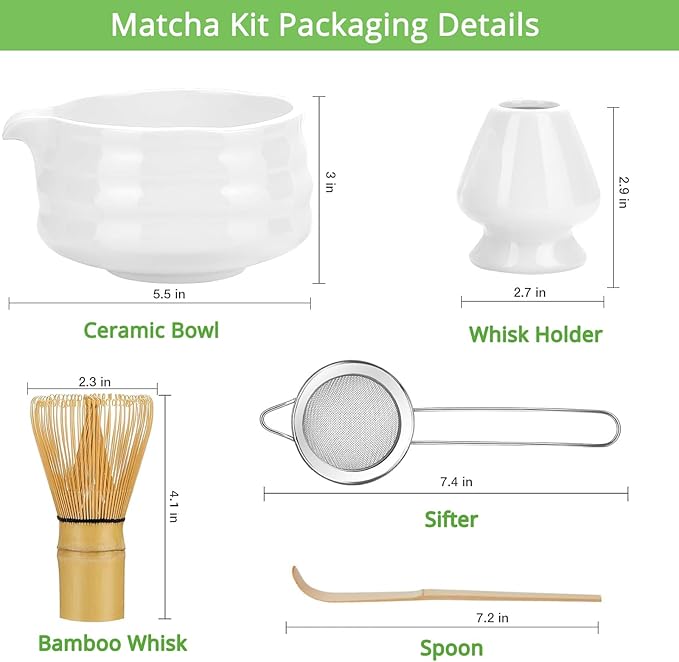 Matcha Whisk Set, White Matcha Kit with Bowl, Whisk, Bamboo Scoop, Scoop Rest, Sifter - 5 Pcs Kit for Lover