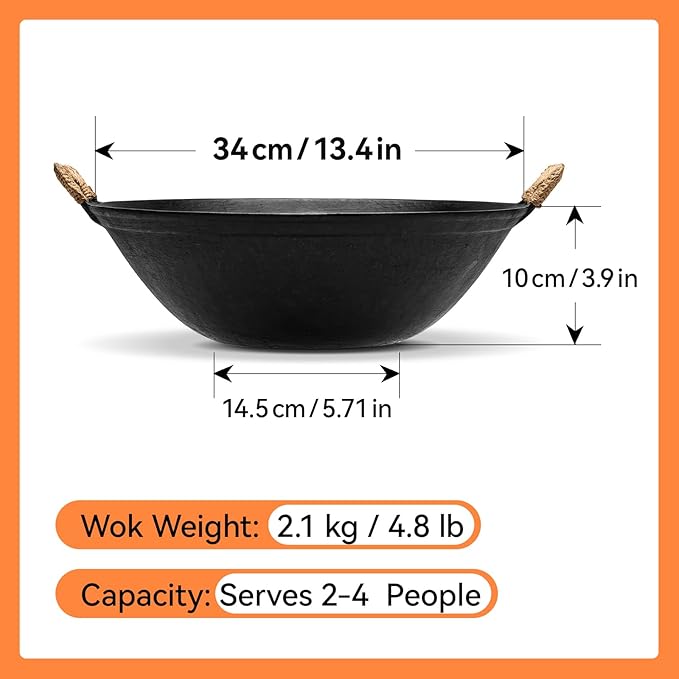WANGYUANJI Iron Wok 13.4" Chinese Wok – Durable Stir-Fry Pan with Dual Handles, Wooden Lid & Stainless Steel Spatula