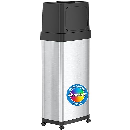 iTouchless 24 Gallon Dual Push Open Trash Can with Wheels and AbsorbX Odor Filter, 91 Liter Swing Flip Doors Rectangular Stainless Steel Garbage Bin, Perfect for Restaurant, Business, Home Kitchen
