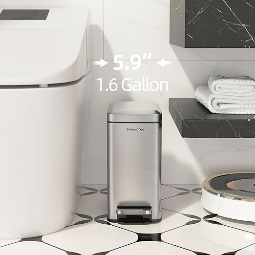 Small Bathroom Trash Can with Soft-Close Lid，6L/1.6 Gal Stainless Steel Slim Step Garbage Can with Removable Inner Bucket for Bedroom、Bathroom