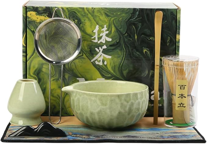7-Piece Matcha Whisk Set, green Ceramic Matcha Bowl with Unique Diamond Design, Bamboo Whisk, Scoop, Sifter & Tea Towel - Complete Matcha Kit for Tea Lovers (Pink Gift Box) (green)