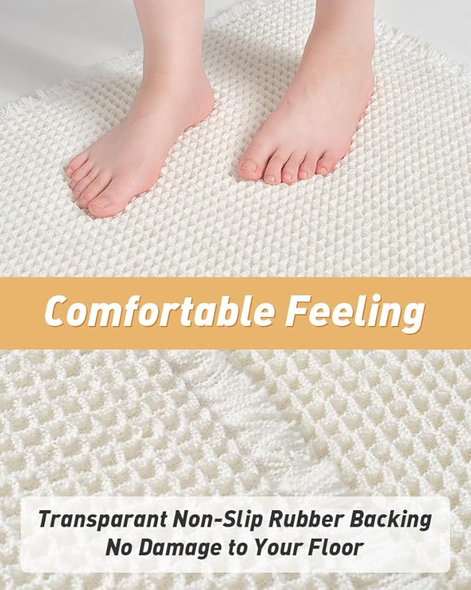 AMOAMI Upgraded Waffle Runner Rug Super Absorbent Non Slip Bath Mats for Bathroom Machine Washable Bathroom Runner Rug with Tassels, Ideal for Hallway Bedroom Laundry Room, 17" x 72", White