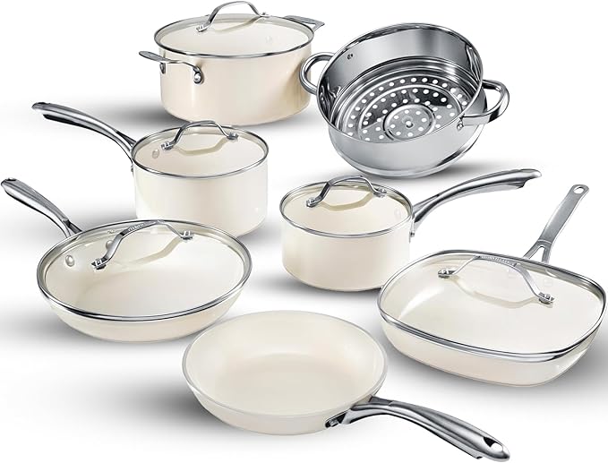 Gotham Steel 12 Pc Ceramic Cookware Set Nonstick, Ceramic Pots and Pans Set Non Stick with Steamer for Cooking, Non Toxic PFOA PFOS Free, Premium Stay Cool Handles, Oven & Dishwasher Safe