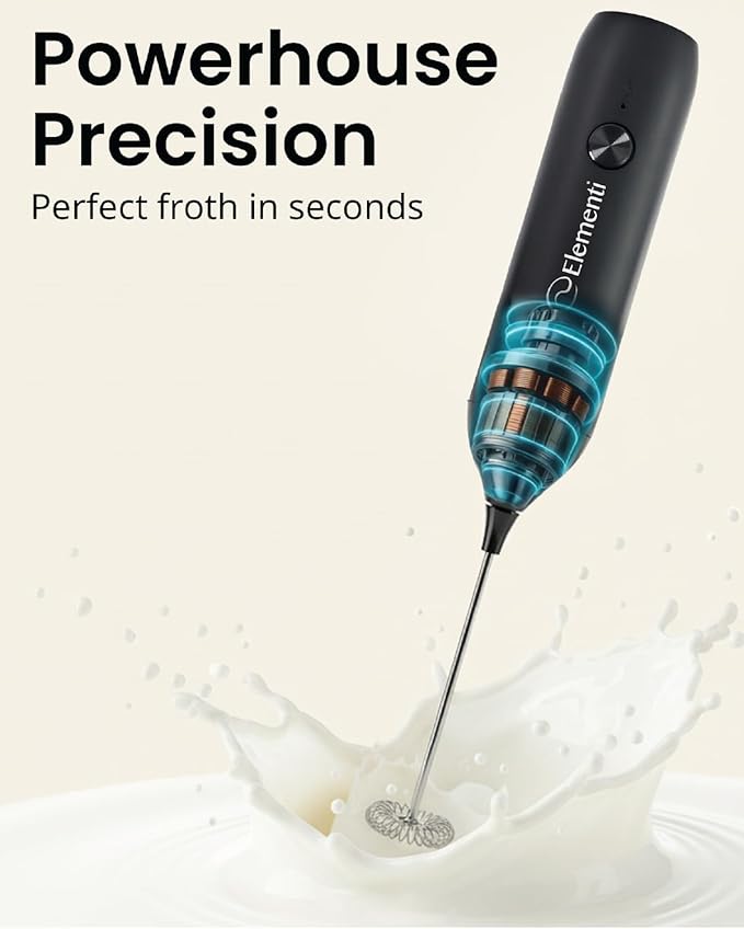 Elementi Milk Frother Wand Rechargeable Drink Mixer - Powerful USB-C Rechargeable Frother & Coffee Mixer Wand - Hand Held Milk Foamer Whisk to Make Perfect Cappuccinos, Lattes & Drink Mixes (Black)