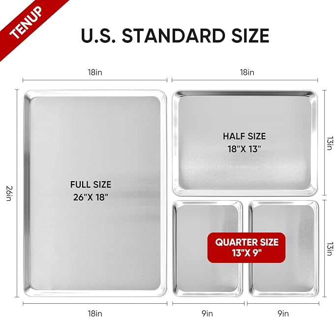 TENUP 6 Pack Aluminum Full Sheet Pan, 26" x 18" Heavy Duty Commercial Baking Tray Reinforced Rim, Warp-Resistant Rust-Free