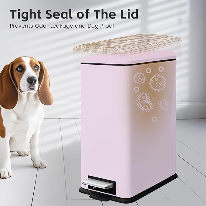 Pink 16.7L/4.4 Gallon Bathroom Trash Can with Lid. Features a removable inner bucket, a soft - close lid, and a stainless - steel step pedal. Ideal for use in the bathroom, kitchen, and home office.