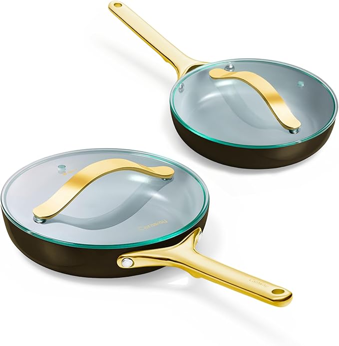 Caraway Ceramic Fry Pan Duo with Glass Lids - Non-Stick Frying Pans (10.5” & 8”) - Non Toxic, PTFE & PFOA Free - Oven Safe & Compatible with All Stovetops – Black
