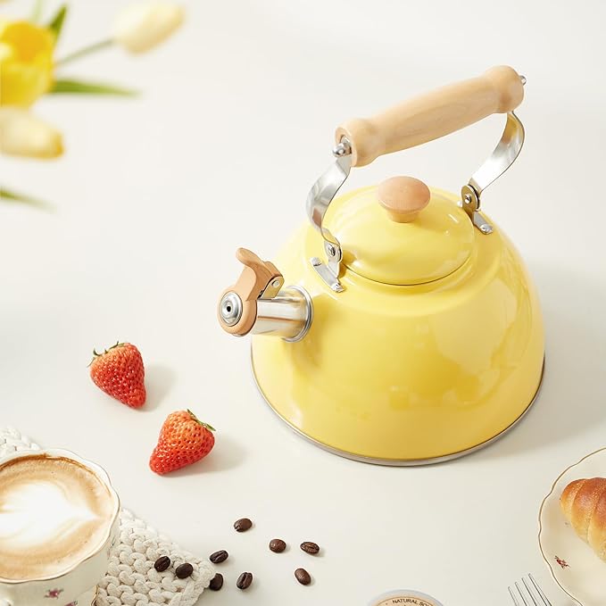 ROCKURWOK Tea Kettle, Tea Pot with Cool Touch Ergonomic Handle, Teapot Food Grade Stainless Steel, Tea Kettle Stovetop, Kettle Teapot, Whistling Tea Kettle, Tea Pot, 2.7 Quart (Yellow)