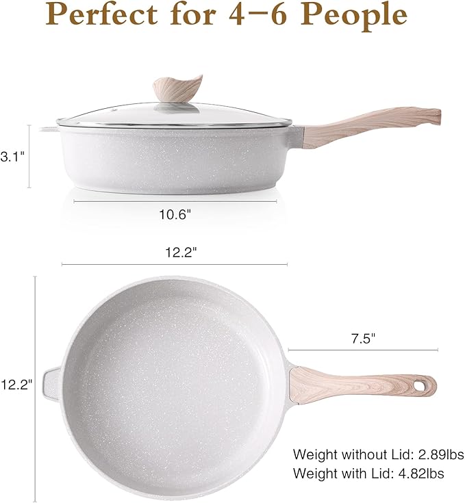 Nonstick Ceramic Deep Frying Pan, 12 Inch Non Toxic Large Skillet with Lid, 5 Qt Healthy Jumbo Cooker, Saute Pan for Cooking, Induction Cookware, PFOA & PFAS Free