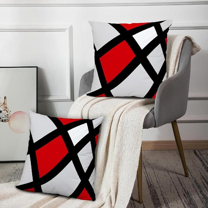 Modern Art Geometric Pillow Cover, Decorative Throw Pillow Covers Red Black Abstract Artwork Cushion Cover for Bedroom Sofa Living Room 18 x 18 Inch Set of 2