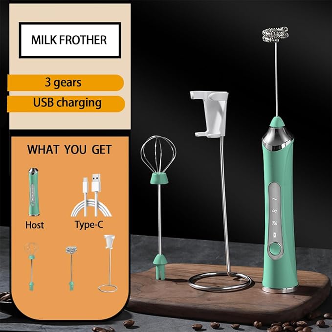 Rechargeable Milk Frother Handheld For Coffee,3 Speeds Frother Wand With Stand, Batidora De Mano Electrica,With 2 Heads,Drink Mixer Electric Handheld,Kitchen Essentials (Green)