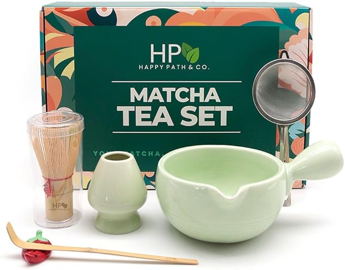 HAPPY PATH & CO Matcha Whisk Set – 6 Pcs Matcha Tea Set Includes Bamboo Whisk(Chasen) & Holder,Bowl with Spout,Sifter,Scoop & Stand | Matcha Making Kit - Perfect for Matcha Lovers(Mint Berry)