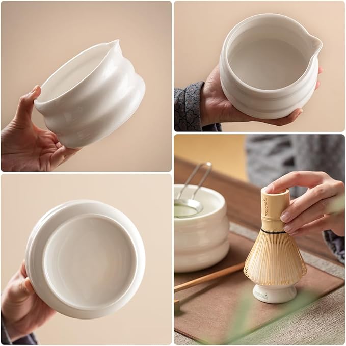 Matcha Whisk Set - Ceramic Bowl, Bamboo Whisk with Holder, Storage Canister, Sifter, Schima Spoon with Rest, Tea Towel - 8 Pcs Complete Kit for Traditional Matcha and Modern Lattes (White)