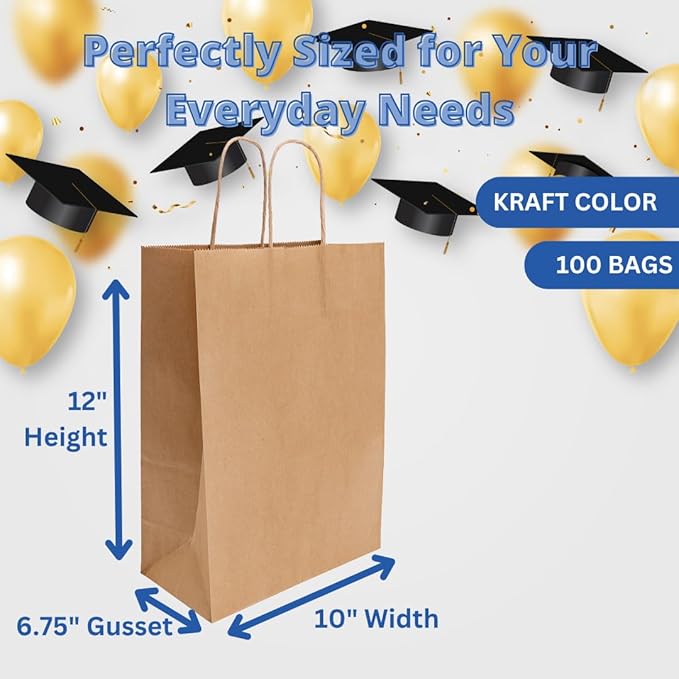 ASSUREPAK DIY Earth Friendly Paper Bags - 60LB - 10"x6.75"x12" - 100 Bags - 90 GSM - Kraft/Natural - Gift Bags for Decorating & Graduation Parties