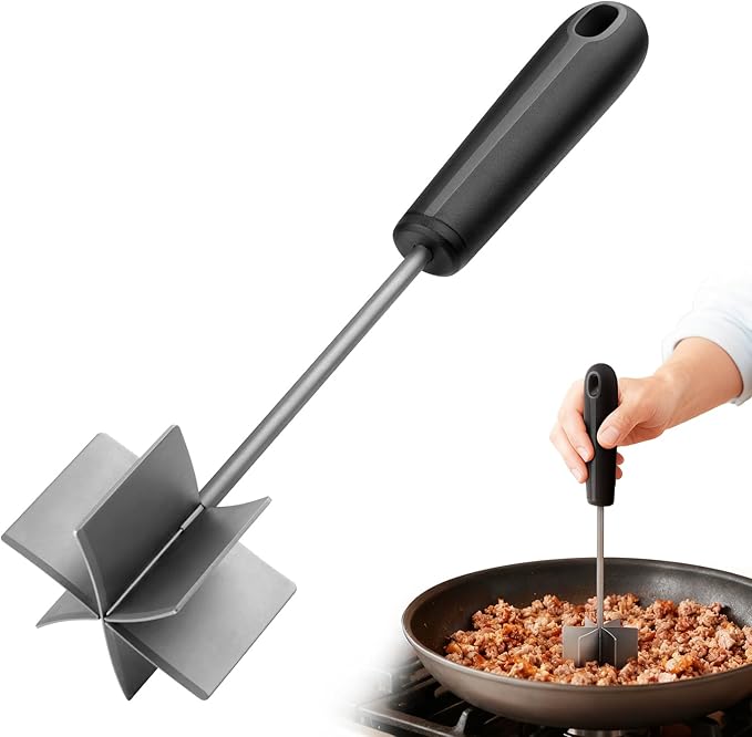 Stainless Steel Meat Chopper & Masher, Coinicxcel 10 Inch Heat Resistant Ground Beef Chopper Tool with 6 Curve Blades & Egonomic Non-Slip Handle, Heavy-Duty Hamburger Smasher Tool Dishwasher Safe
