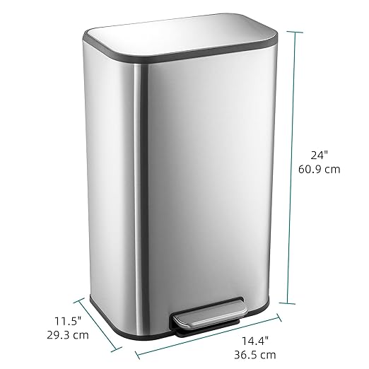 8 gal Kitchen Trash Can, 30 L Stainless Steel Garbage Can with Soft-Close Lid, Rectangular Waste Bin with Inner Bucket for Home Office Living Room