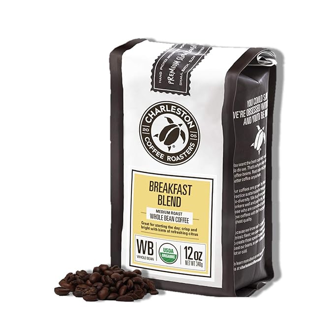Charleston Coffee Roasters | Specialty Organic Whole Bean Coffee | Hand Picked, Premium Slow Roast | (Breakfast Blend, Medium Roast) 12oz