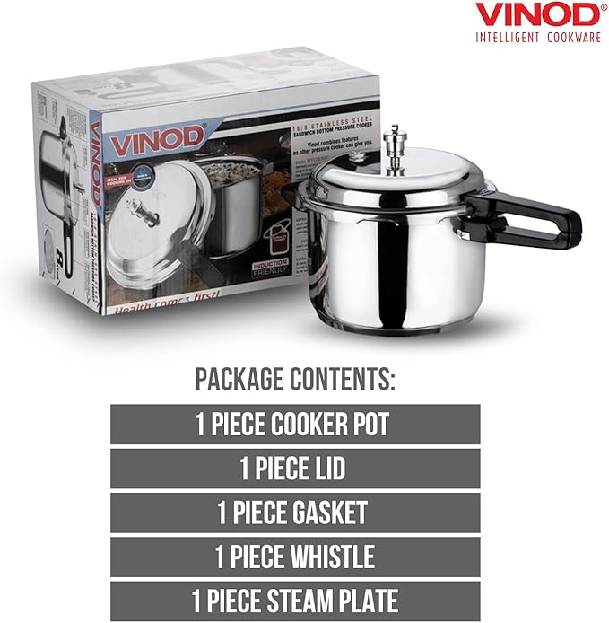 Vinod Pressure Cooker Stainless Steel – Outer Lid - 7 Liter – Induction Base Cooker – Indian Pressure Cooker – Sandwich Bottom – Best Used For Indian Cooking, Soups, and Rice Recipes, Quinoa