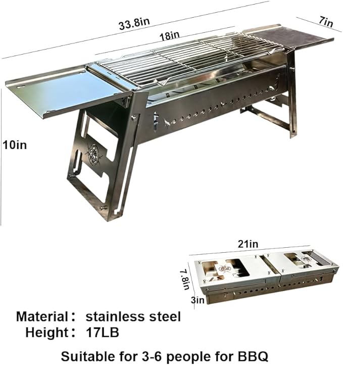 Charcoal grill suitable for 3-6 people, thick stainless steel grill, Sliding folding barbecue,portable BBQ, barbecue tool set