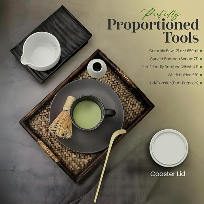 NEXTLUXE Matcha Whisk Set – Traditional Bamboo Chasen with Ceramic Bowl, Measurement Lines, Spoon & Lid – White