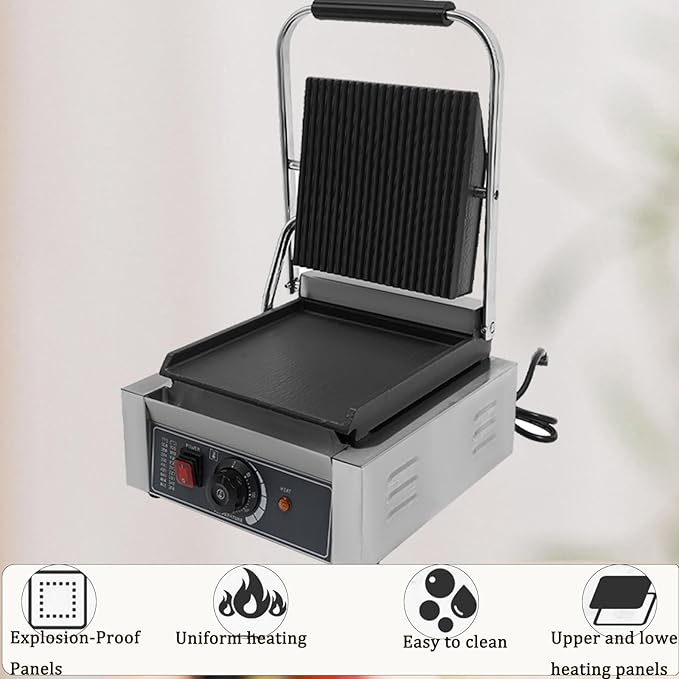 Commercial Panini Grill,1800W Electric Sandwich Panini Maker,Stainless Steel Double Sandwich Press with Adjustable Temper,122°F-572°F Non-Stick Panini Press Griddle Machine for Steaks Bacons