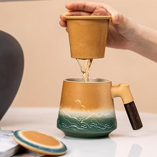 Tea Cup with Infuser and Lid 15oz - Kiln-Transformed Ceramic Mug with Mountain-Ocean Relief, Antique Bronze-Green Gradient & Wood Handle Tea Set