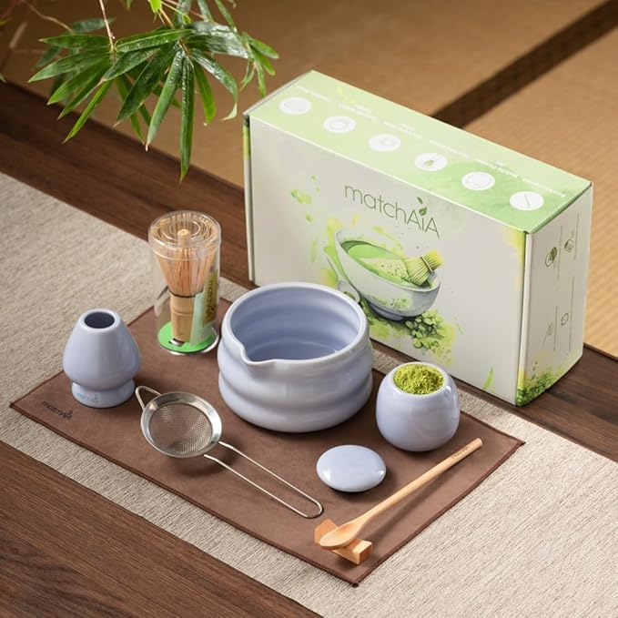 Matcha Whisk Set - Ceramic Bowl, Bamboo Whisk with Holder, Storage Canister, Sifter, Schima Spoon with Rest, Tea Towel - 8 Pcs Complete Kit for Traditional Matcha and Modern Lattes (Purple)