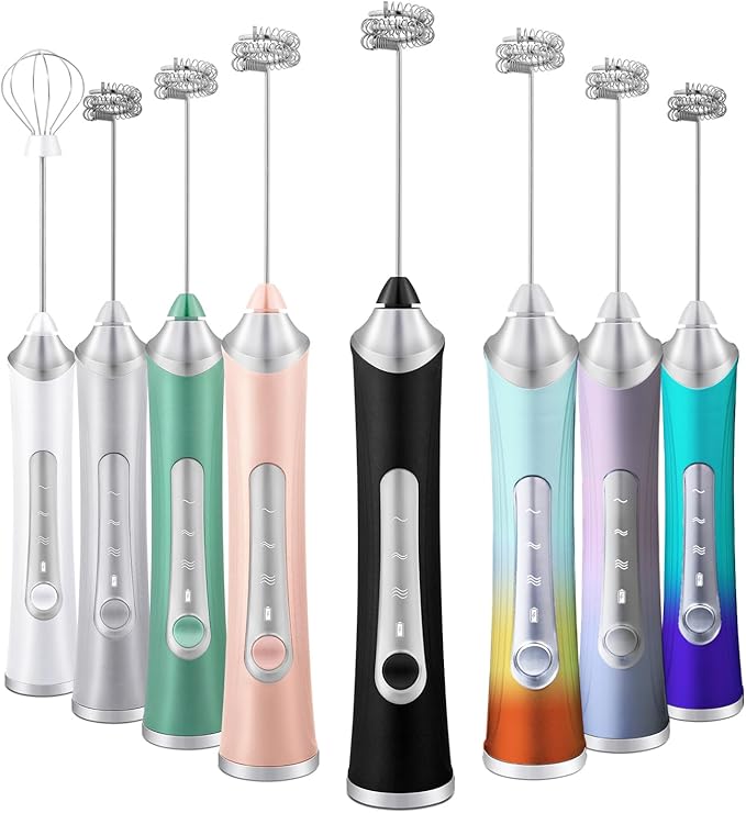 Rechargeable Milk Frother Handheld For Coffee,3 Speeds Frother Wand With Stand, Batidora De Mano Electrica,With 2 Heads,Drink Mixer Electric Handheld,Kitchen Essentials (Silvery)