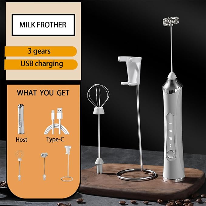 Rechargeable Milk Frother Handheld For Coffee,3 Speeds Frother Wand With Stand, Batidora De Mano Electrica,With 2 Heads,Drink Mixer Electric Handheld,Kitchen Essentials (Silvery)