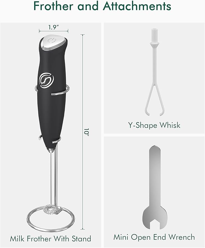 Milk Frother With Stand Milk Frother Wand Coffee Frother Handheld Drink Mixer Handheld with 2 Whisks Electric Whisk Stirrers Electric Milk Frother for Coffee Mixer Wand Milk Foamer-Black