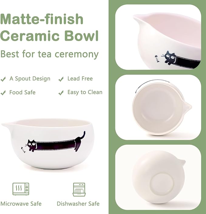 Matcha Whisk Set, Cute Japanese Matcha set Preparation Gift Kit Including Ceramic Bowl and Whisk Holder, Bamboo Scoop, Gift Box