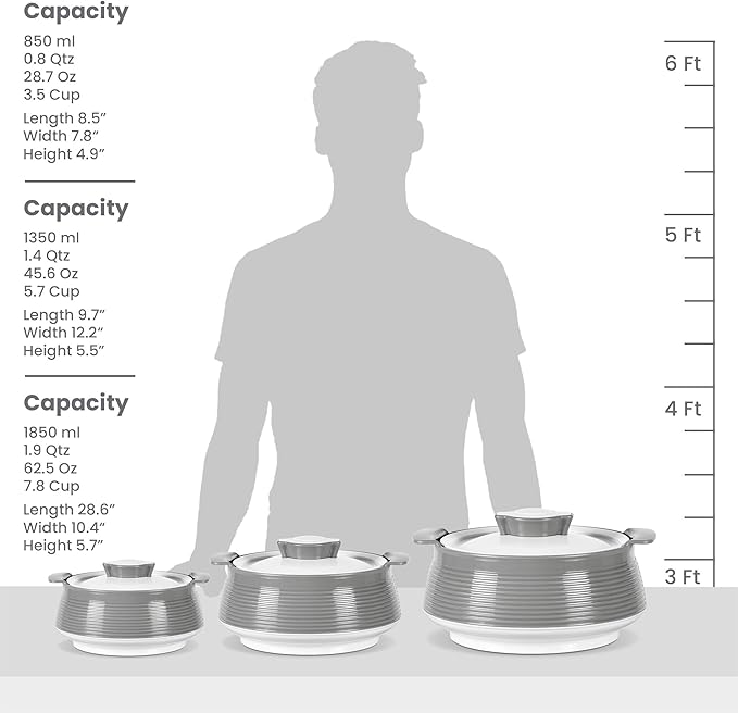 Milton Casserole for Hot Food, Double Walled Insulated Inner Stainless Steel Hot Pot with Lid, Serving box for Food and Roti, Serving Bowl, Set of 3 (Size 62, 45, 28 oz) Venice, Grey