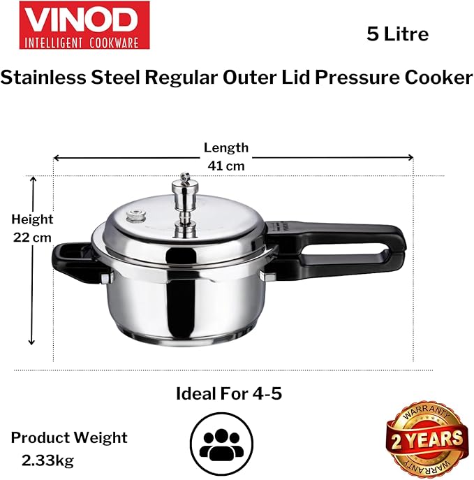 Vinod V-5L Stainless Steel Sandwich Bottom Pressure Cooker, 5-Liter,Silver,Medium