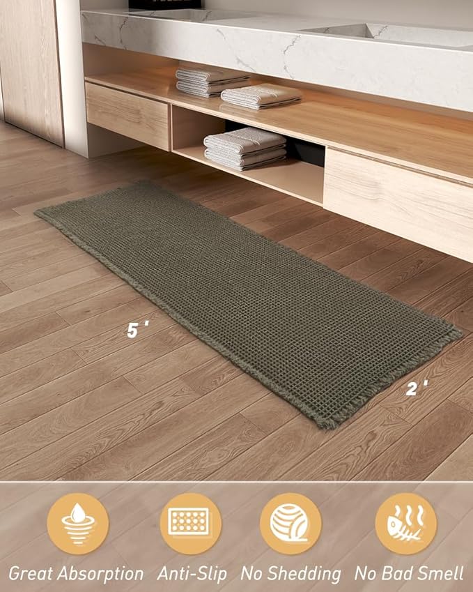 Upgraded Waffle Runner Rug Super Absorbent Non Slip Bath Mats for Bathroom Floor, Machine Washable Bathroom Runner Rug with Tassels, Ideal for Hallway Bedroom Laundry Room, Green, 2' x 5'(24" x 60")
