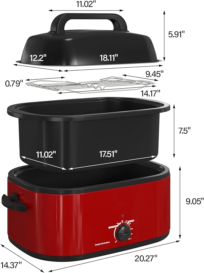 RoyalCraft 24-Quart Electric Roaster Oven with Visible Self-Basting Lid, Turkey Roaster Oven with Removable Pan and Rack, Perfect for Large Meals and Holiday Feasts, Red