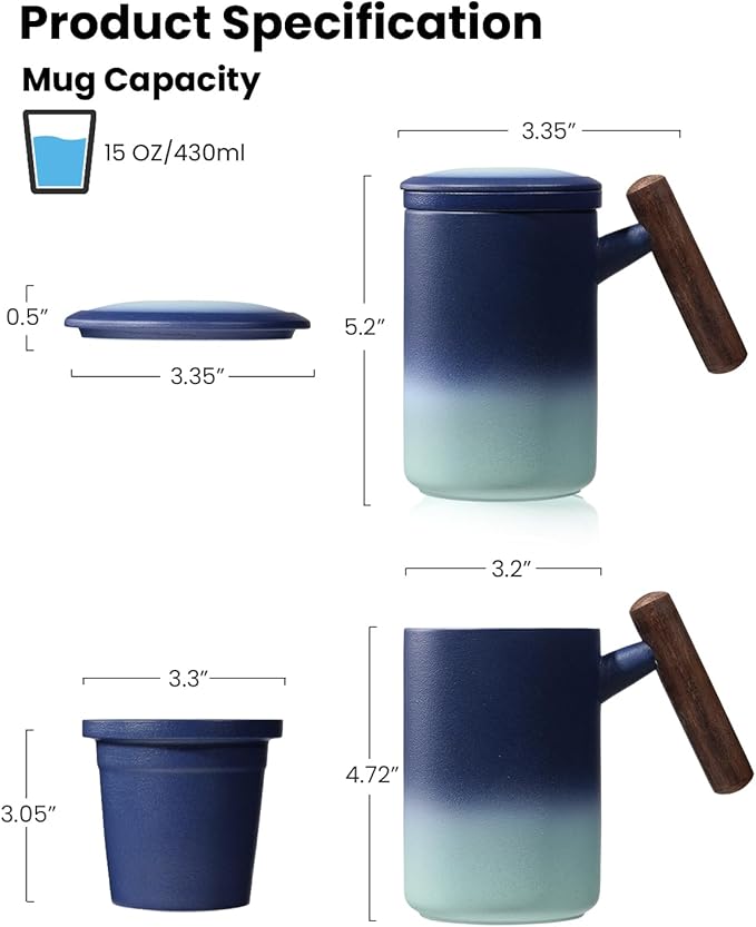 15 OZ Porcelain Tea Infuser Cup with Lid,Ceramic Tea Mug with Porcelain Strainer for Loose Leaf,Tea Strainers Cup with Wood Handle,BPA-Free,Gifts for Tea's Lover(Gradient Blue)