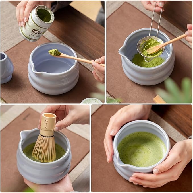 Matcha Whisk Set - Ceramic Bowl, Bamboo Whisk with Holder, Storage Canister, Sifter, Schima Spoon with Rest, Tea Towel - 8 Pcs Complete Kit for Traditional Matcha and Modern Lattes (Purple)