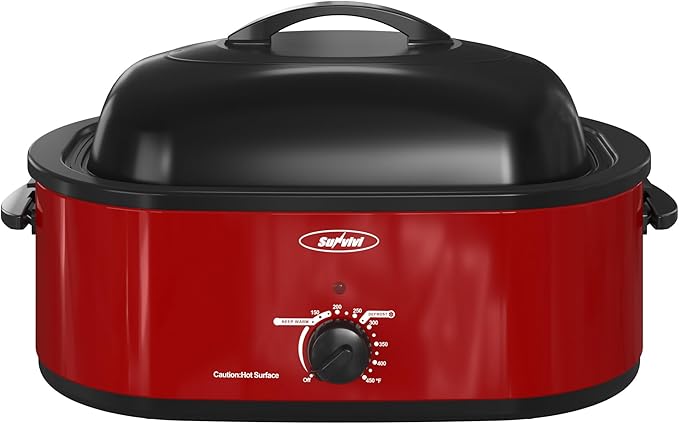 Roaster Oven, Electric Roaster Oven with Viewing Lid, Large Roaster with Removable Pan & Rack, Turkey Roaster with Unique Defrost/Warm Function, Stainless Steel, Red, 20QT