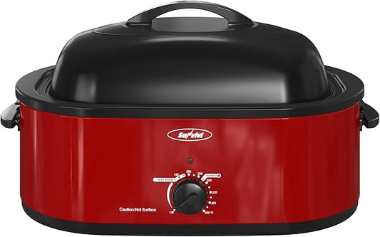 Roaster Oven, Electric Roaster Oven with Viewing Lid, Large Roaster with Removable Pan & Rack, Turkey Roaster with Unique Defrost/Warm Function, Stainless Steel, Red, 20QT