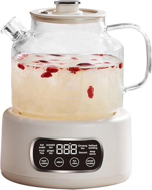 1.2-liter glass-bodied electric kettle, ideal for brewing coffee, preparing formula, and heating tea. Features adjustable temperature settings (Beige model).
