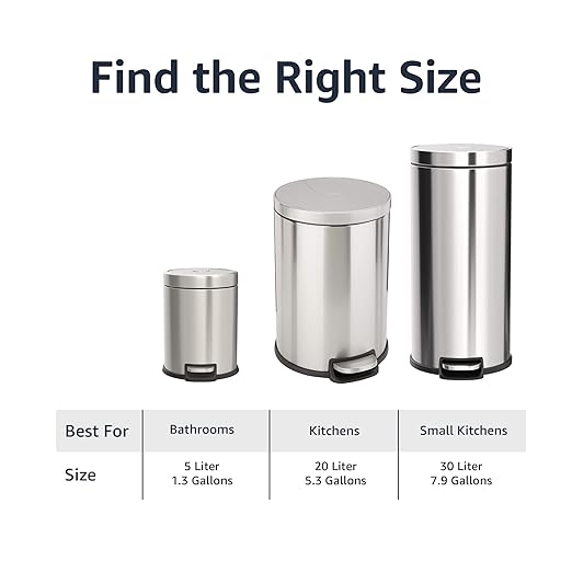 Amazon Basics Round Cylindrical Home Office Trash Can With Soft-Close Foot Pedal, 20 l /5.3 gallon, Brushed Stainless Steel
