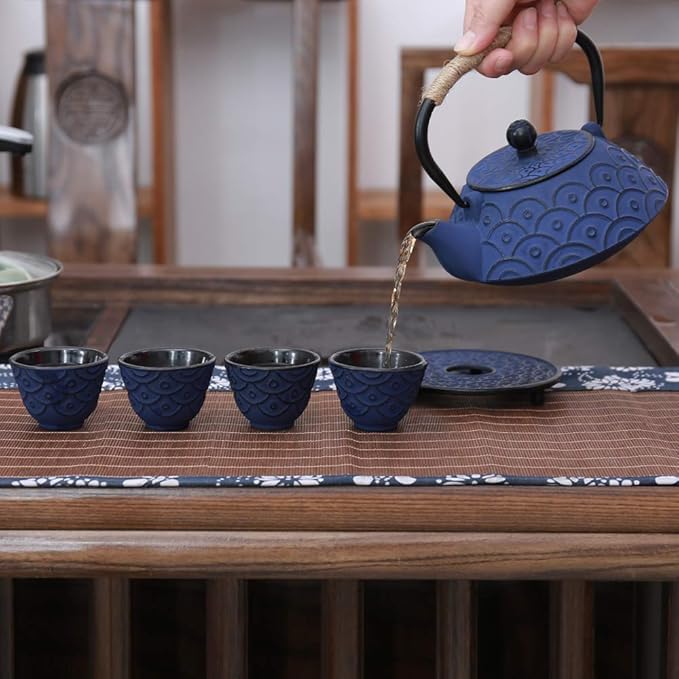 Japanese Style Cast Iron Teapot Set with 4 Tea Cups Iron Tea Kettle with Infuser Hemp Rope Trivet Asian Gift for Adults Parents (Fish Scale Pattern, Blue,Anti Rust)